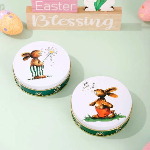 Easter Round Tinplate Storage Box Cartoon Rabbit Daisy Printed Candy Cookie Tin Metal Gift Box For Festive Decoration