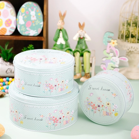 Easter Bunny Floral Tinplate Round Storage Box Mint Green Metal Gift Organizer Sweet Dream Pattern Home Desktop Decor
