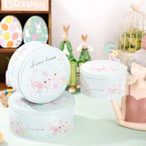 Easter Bunny Floral Tinplate Round Storage Box Mint Green Metal Gift Organizer Sweet Dream Pattern Home Desktop Decor
