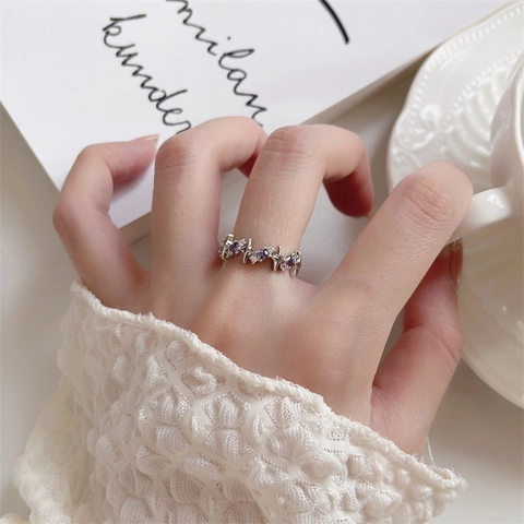 Adjustable Open Rings Purple Zircon Heart Star Copper Silver Plated Irregular Aesthetic Trendy Jewelry For Women