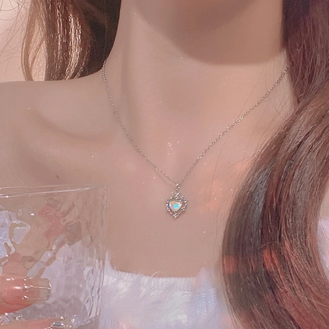 Collana Pendente Cuore Cavo Sfumato Rame Con Argento 925 Effetto Piedra Di Luna Zirconia Elegante Dolce Donne