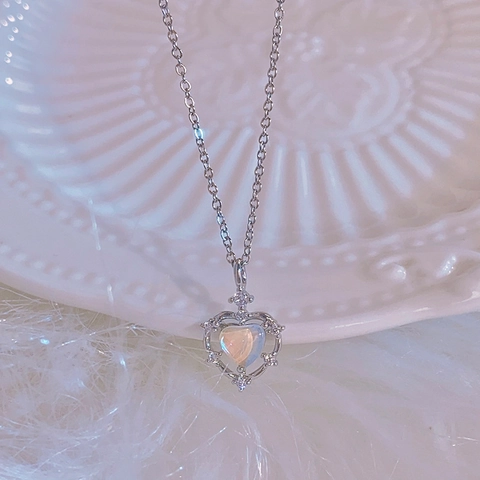 Collana Pendente Cuore Cavo Sfumato Rame Con Argento 925 Effetto Piedra Di Luna Zirconia Elegante Dolce Donne