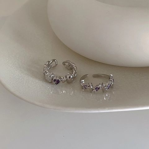 Adjustable Open Rings Purple Zircon Heart Star Copper Silver Plated Irregular Aesthetic Trendy Jewelry For Women