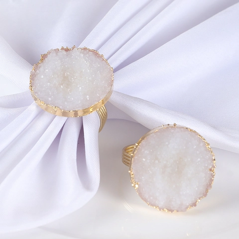 Natural Druzy Crystal Napkin Ring Round Gold Plated Edge Stone Napkin Buckle For Wedding Banquet Table Decoration Home