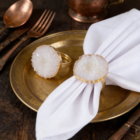 Natural Druzy Crystal Napkin Ring Round Gold Plated Edge Stone Napkin Buckle For Wedding Banquet Table Decoration Home