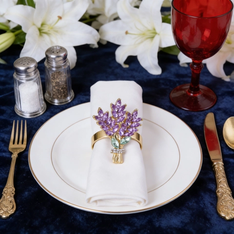 Elegant Gold Alloy Lavender Flower Napkin Ring Purple Rhinestone Crystal Floral Table Decoration For Wedding Banquet Party