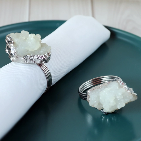 White Crystal Cluster Napkin Ring Silver Zinc Alloy Druzy Stone Table Decor Holder For Hotel Wedding Dinner Party