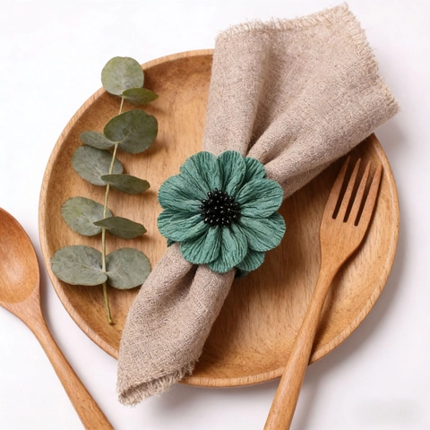 Flower Napkin Ring Handmade Fabric Pleated Petals Bead Center Elegant Table Decoration For Wedding Party Home Dining