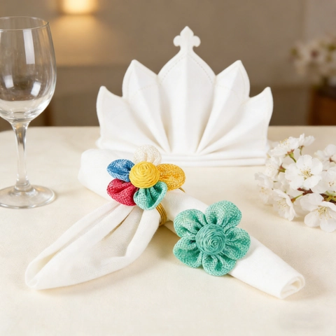 Woven Fabric Floral Napkin Rings Alloy Gold Buckle For Wedding Party Banquet Home Table Decoration Handmade Flower Design