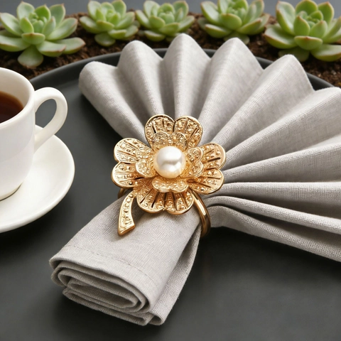 Gold Alloy Flower Napkin Ring With White Artificial Pearl Decor 3D Floral Table Buckle For Wedding Banquet Luxury Dining