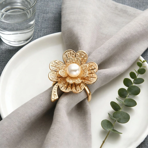 Gold Alloy Flower Napkin Ring With White Artificial Pearl Decor 3D Floral Table Buckle For Wedding Banquet Luxury Dining