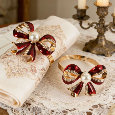 Servilletero De Lazo De Esmalte Rojo Con Perla Artificial Diamantes De Imitación Aleación Decoración Mesa Navidad