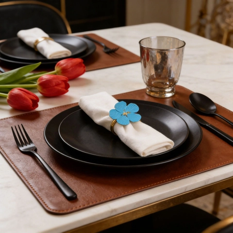 Ronds De Serviette Fleurs Alliage De Zinc Émail Pétales Bleu Clair Centre Or Décor De Table Élégant Pour Banquet De Mariage