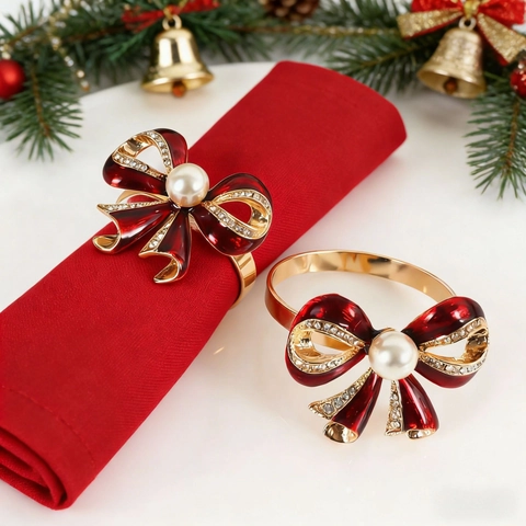 Servilletero De Lazo De Esmalte Rojo Con Perla Artificial Diamantes De Imitación Aleación Decoración Mesa Navidad