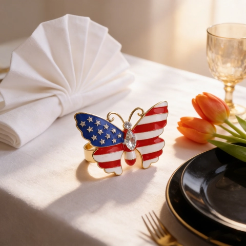 Independence Day US Flag Napkin Rings Zinc Alloy Enamel Star Bowknot Butterfly Patriotic Table Decoration Accessories