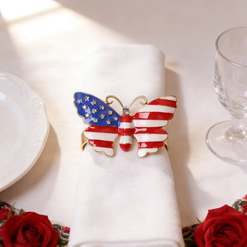 Independence Day US Flag Napkin Rings Zinc Alloy Enamel Star Bowknot Butterfly Patriotic Table Decoration Accessories