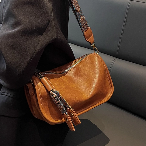 Women Vintage PU Leather Crossbody Bag Fashion Wide Printed Strap Shoulder Bag Retro Handbag Pillow Bag Daily Tote Purse