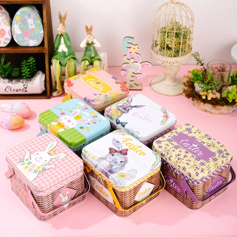 Easter Basket Tinplate Box With Handle Metal Gift Packaging Candy Storage Rabbit Pattern Woven Texture Holiday Decor