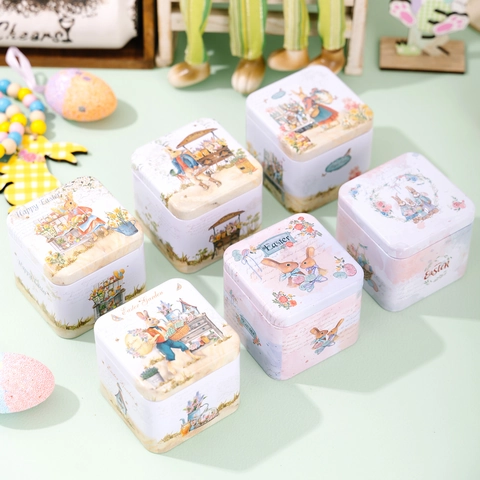 Easter Square Tinplate Storage Box Vintage Rabbit Flower Pattern Metal Candy Cookie Gift Packaging Case For Party Home Decor