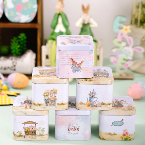 Boîte de Rangement Vintage de Pâques en Métal Motif Lapin et Fleur Boîte à Bonbons Biscuits pour Décoration de Table