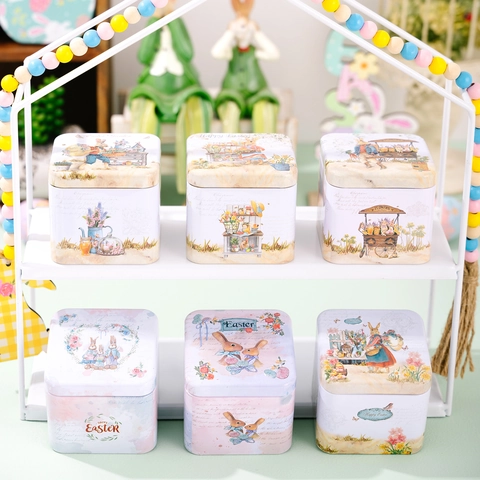 Boîte de Rangement Vintage de Pâques en Métal Motif Lapin et Fleur Boîte à Bonbons Biscuits pour Décoration de Table