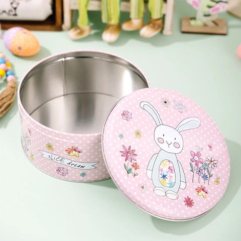 Runde Oster-Aufbewahrungsbox aus Weißblech Rosa Punktmuster Cartoon Hase Süßigkeiten Keksdose Mit Deckel Für Feiertagsgeschenk Party Deko
