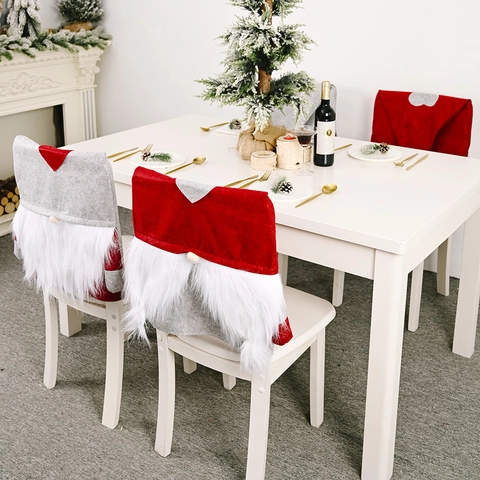 Christmas Gnome Chair Covers Red Gray Heart Forest Old Man Chair Back Covers Xmas Party Dining Room Home Decorations