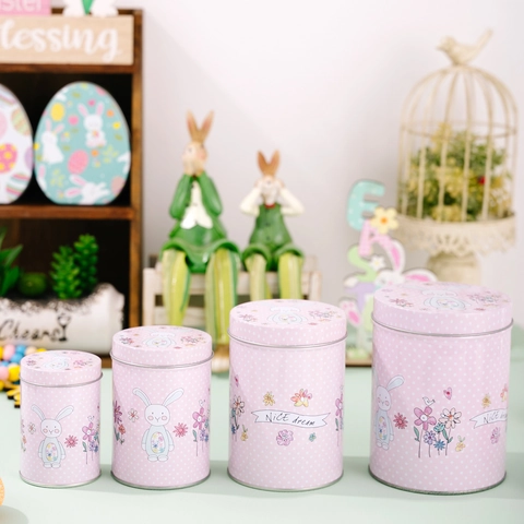 Easter Pink Rabbit Tinplate Storage Box Set Cartoon Bunny Floral Pattern Round Metal Candy Gift Tins For Home Party Decor