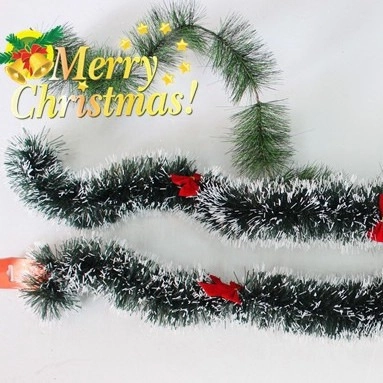 Christmas Tinsel Garland Dark Green With White Snow Effect Tips And Bows Festive Tree Decoration Home Party Ornament