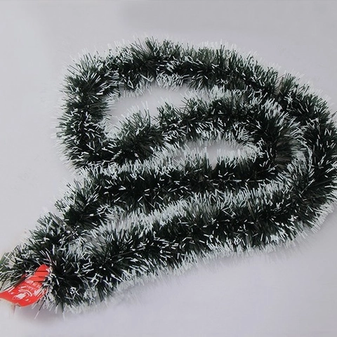 Christmas Tinsel Garland Snow Tipped Dark Green Plastic Ribbon Hanging Ornaments For Festive Party Tree Decor Indoor Outdoor