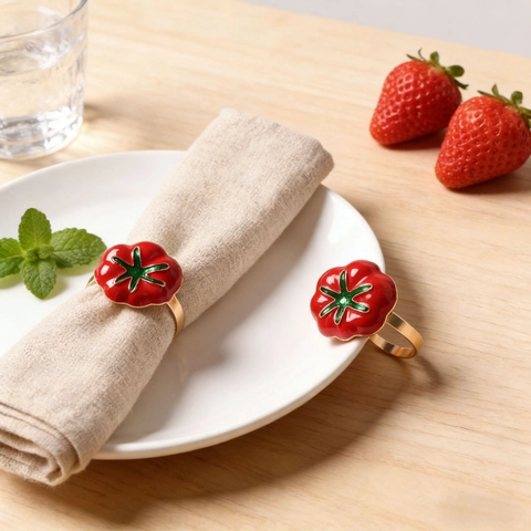 Tomato Shape Napkin Rings Zinc Alloy Red Enamel Gold Metal Buckle Creative Fruit Vegetable Table Decoration