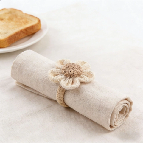 Handmade Crochet Flower Napkin Rings Cotton Jute Sunflower Shape Rustic Boho Table Decor For Wedding Dining Room