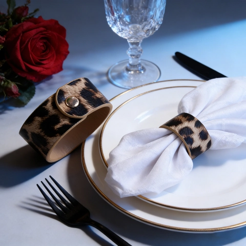 Leopard Print PU Leather Napkin Rings Gold Snap Button Elegant Animal Pattern Table Decoration Napkin Holder For Dining