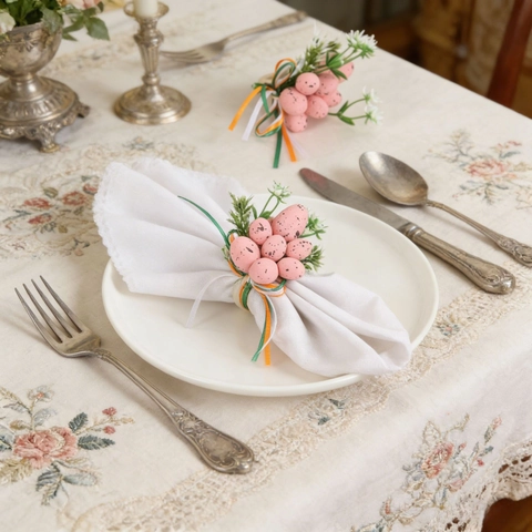 Easter Napkin Rings Spotted Colorful Eggs Wooden Ring With Artificial Leaves And Ribbon Handmade Table Decoration Spring