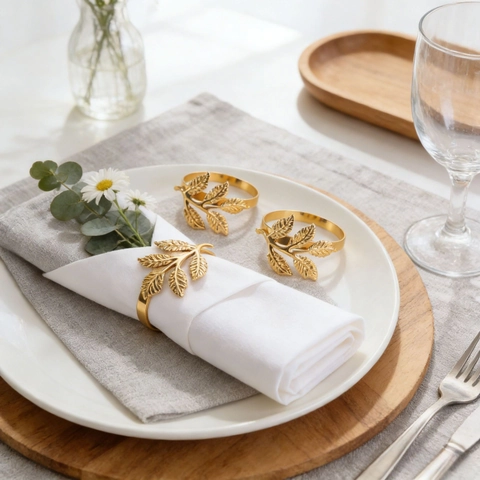 Leaf Napkin Rings Gold Metal Alloy Mimosa Plant Design Elegant Table Decor For Wedding Party Banquet Dinner