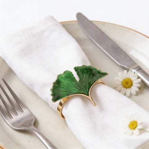 Gingko Leaf Napkin Rings Green Enamel Gold Metal Table Decor For Wedding Party Restaurant Elegant Napkin Buckle