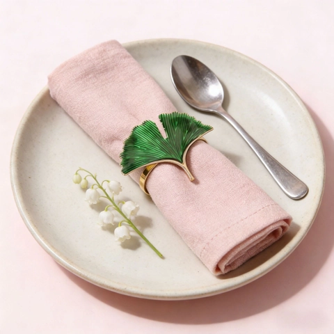 Gingko Leaf Napkin Rings Green Enamel Gold Metal Table Decor For Wedding Party Restaurant Elegant Napkin Buckle