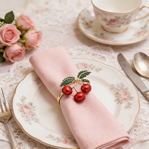 Vintage Metal Zinc Alloy Cherry Napkin Ring With Green Rhinestone Leaves For Hotel Wedding Banquet Dining Table Decoration