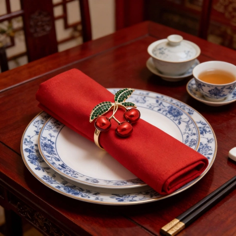 Vintage Metal Zinc Alloy Cherry Napkin Ring With Green Rhinestone Leaves For Hotel Wedding Banquet Dining Table Decoration