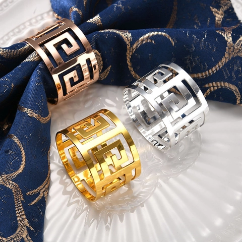 Greek Key Hollow Metal Napkin Rings Stainless Steel Meander Design For Wedding Banquet Hotel Table Decoration