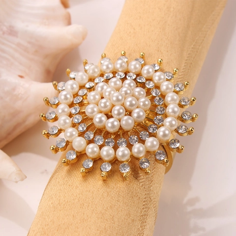 Golden Sunflower Napkin Rings Alloy Artificial Pearl Rhinestone Napkin Holder For Wedding Banquet Elegant Table Decoration