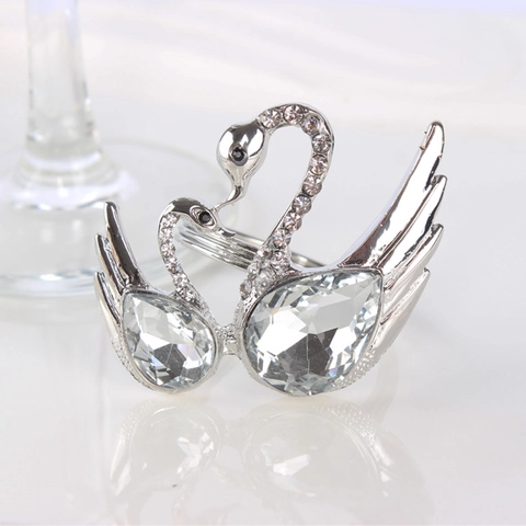 Luxury Double Swan Alloy Rhinestone Napkin Ring Elegant Silver Table Decoration For Wedding Banquet Hotel Party Tableware