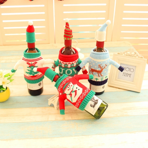 Funda de Botella de Vino de Punto de Navidad Mini Gorro Y Suéter Diseños Muñeco de Nieve Reno Árbol JOY Decoración de Mesa de Fiesta