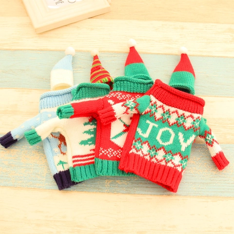 Funda de Botella de Vino de Punto de Navidad Mini Gorro Y Suéter Diseños Muñeco de Nieve Reno Árbol JOY Decoración de Mesa de Fiesta