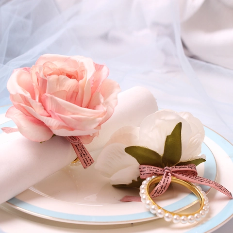 French Faux Rose Napkin Rings With Faux Artificial Pearl Alloy Ring Pink Ribbon For Wedding Banquet Table Setting Dinner Party