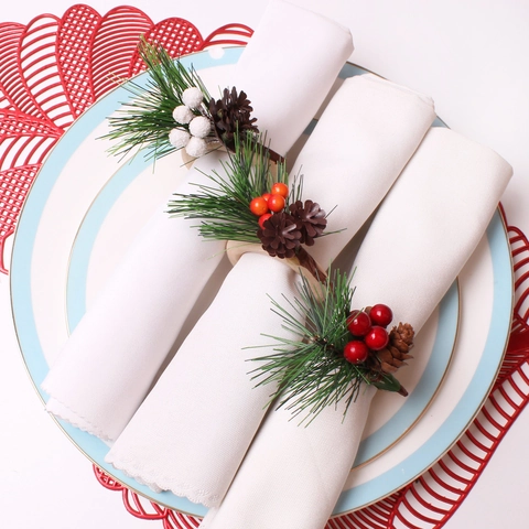 Christmas Napkin Rings Artificial Pine Needle Pine Cone Red Berry Rustic Wood Burlap Lace Holiday Dinner Table Decor