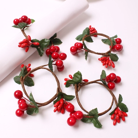 Artificial Berry Napkin Rings Handmade Pine Needle Pine Cone Christmas Thanksgiving Festive Dining Table Decoration