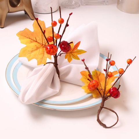 Napkin Rings Artificial Pumpkin Maple Leaf Berries Autumn Harvest Thanksgiving Halloween Dining Table Decoration For Party