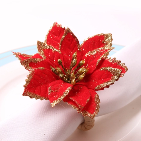 Christmas Poinsettia Napkin Rings Red Velvet Flower With Gold Glitter For Holiday Table Decoration Elegant Festive Atmosphere