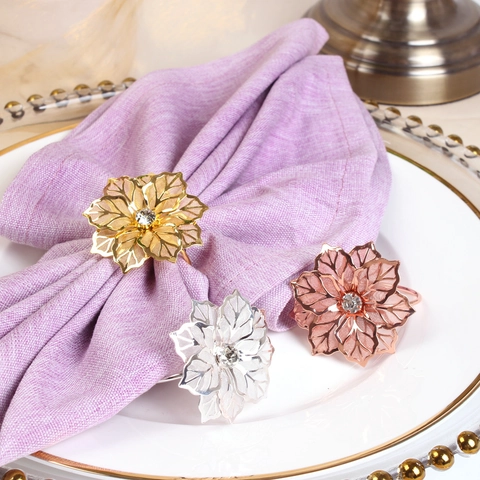 Luxury Copper Bauhinia Flower Napkin Rings With Rhinestone For Wedding Banquet Hotel Dining Table Decoration Gold Silver
